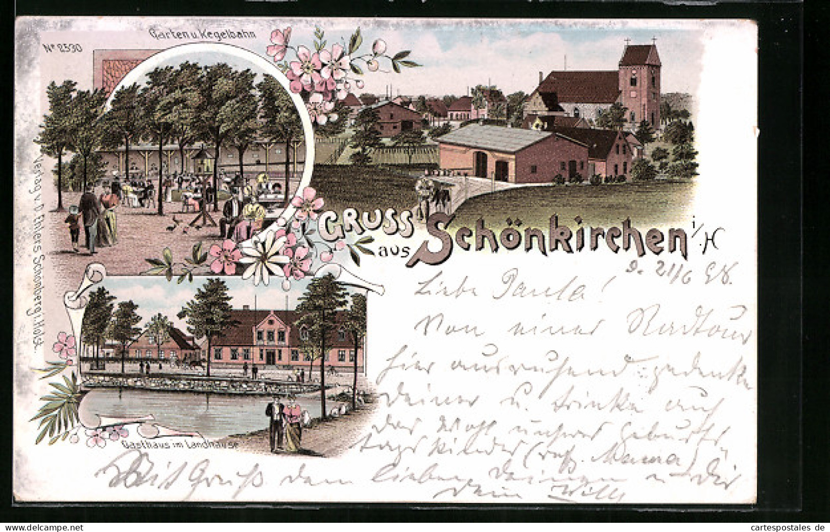 Lithographie Schönkirchen I. H., Gasthaus Im Landhause, Garten Und Kegelbahn, Teilansicht  - Andere & Zonder Classificatie