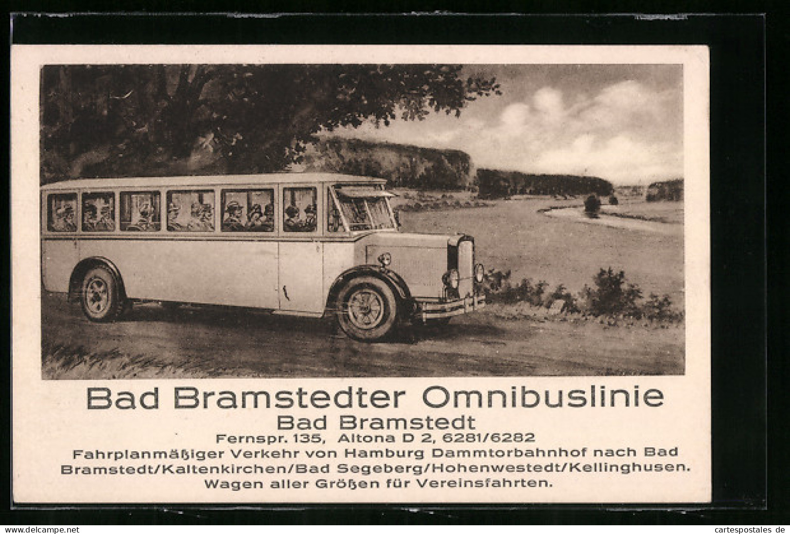 Künstler-AK Bad Bramstedt, Omnimusline Von Hamburg Dammtorbahnhof Nach Bad Bramstedt..., Ortspartie Mit Omnibus  - Bus & Autocars
