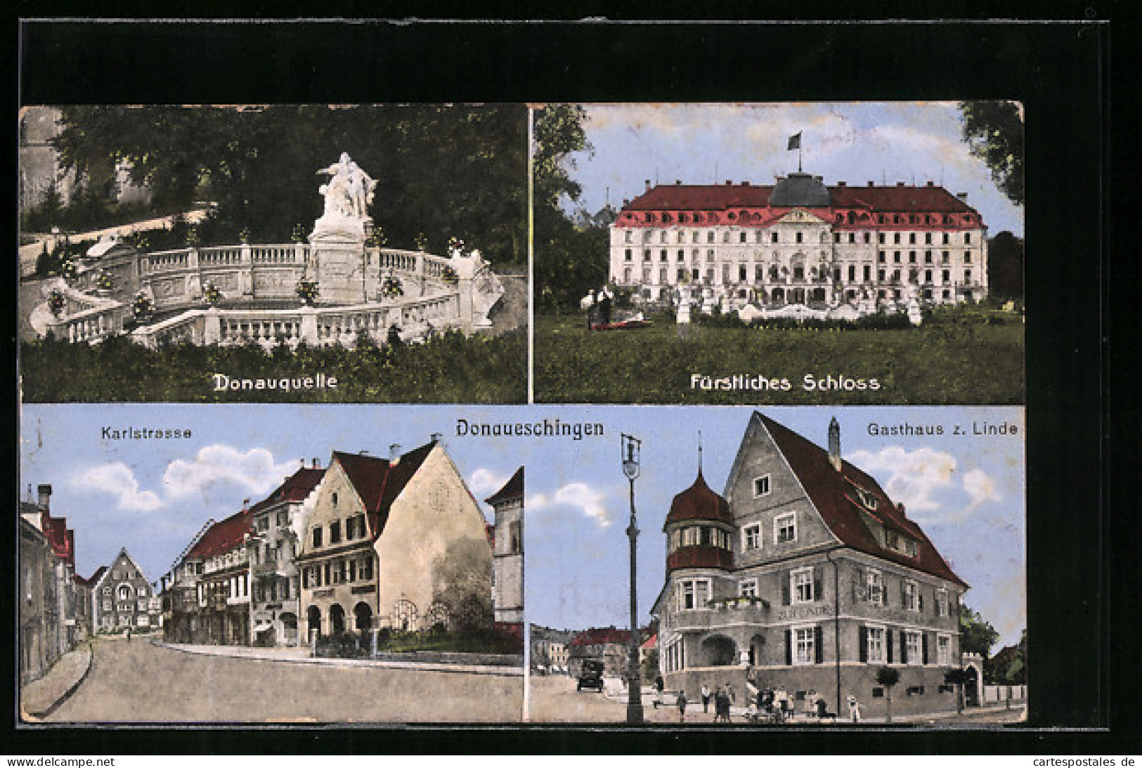 AK Donaueschingen, Gasthaus Zur Linde, Fürstliches Schloss, Donauquelle  - Donaueschingen