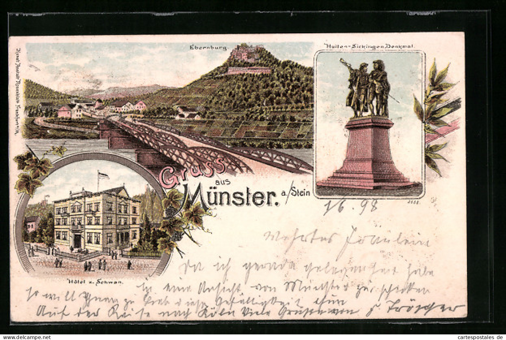 Lithographie Münster A. Stein, Hotel Zum Schwan, Ebernburg U. Brücke, Hutten-Sickingen-Denkmal  - Bad Münster A. Stein - Ebernburg