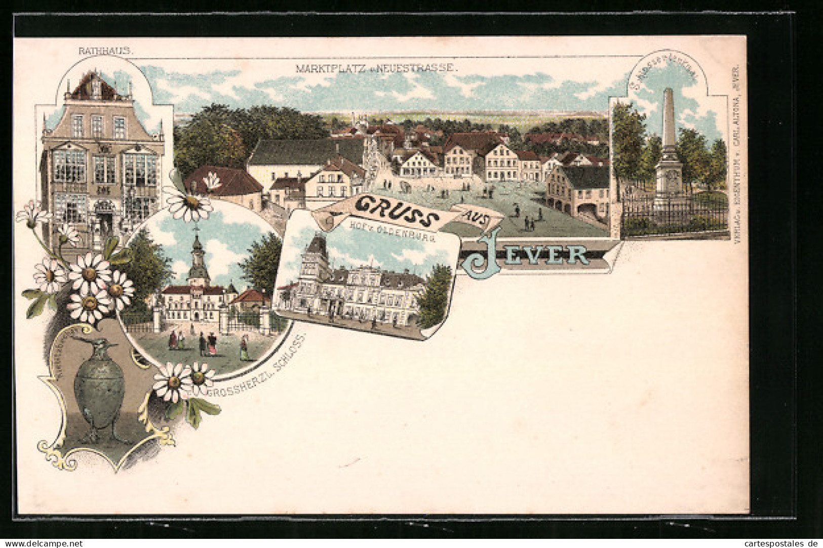 Lithographie Jever, Rathaus, Marktplatz Und Neuestrasse, Schlosserdenkmal Und Kiebitzbecher  - Jever