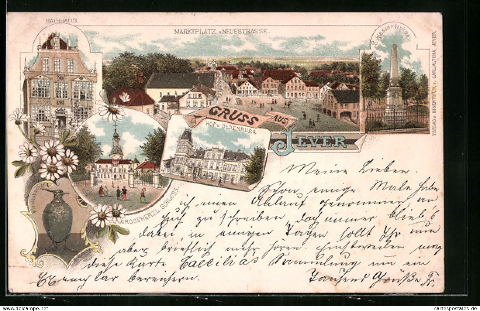 Lithographie Jever, Rathaus, Marktplatz Und Neuestrasse, Schlosserdenkmal Und Kiebitzbecher  - Jever