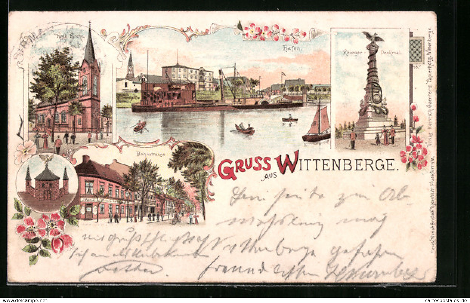 Lithographie Wittenberge, Kath. Kirche, Hafenpartie, Kriegerdenkmal Und Bahnstrasse  - Wittenberge