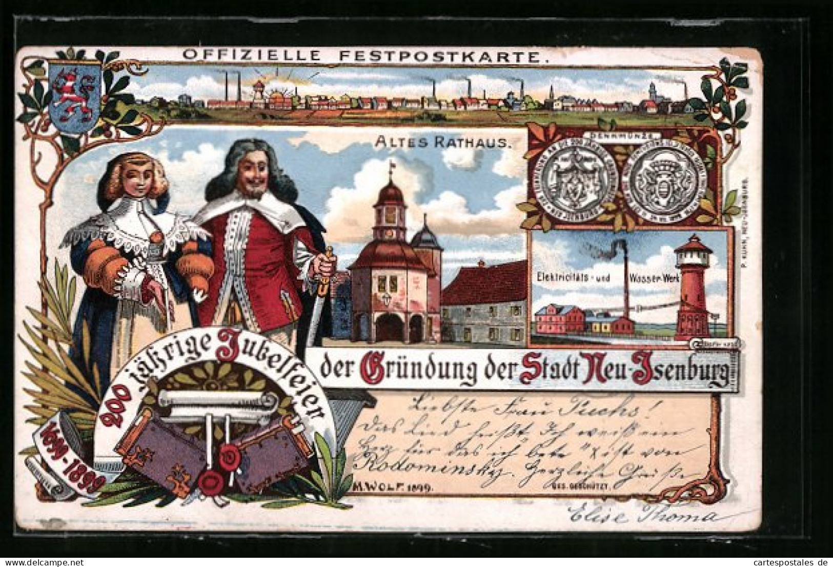 Lithographie Neu-Isenburg, 200 Jähr. Stadtjubiläum, Altes Rathaus, Elektrizitäts- Und Wasserwerk  - Neu-Isenburg
