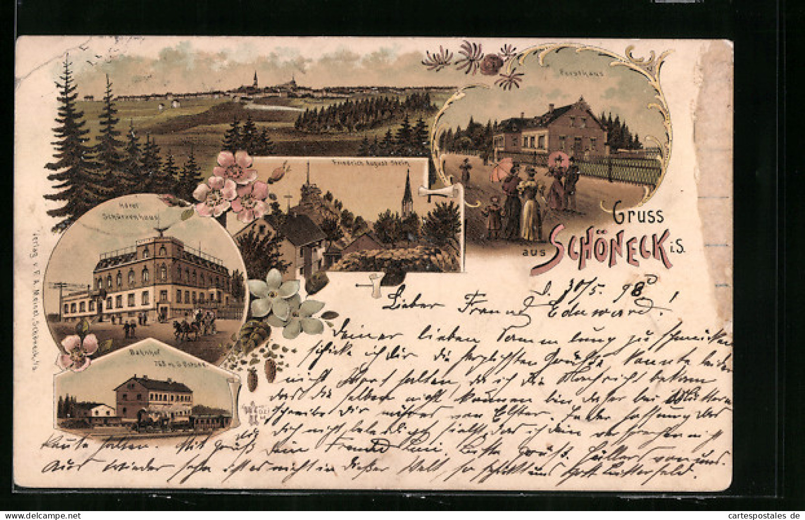 Lithographie Schöneck I. S., Hotel Schützenhaus, Friedrich-August-Stein, Forsthaus Und Bahnhof  - Hunting