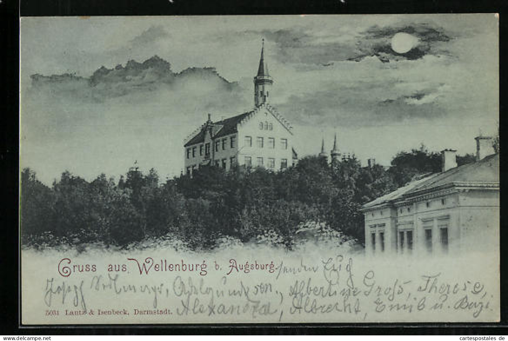 Mondschein-AK Wellenburg Bei Augsburg, Teilansicht Mit Kirche  - Augsburg