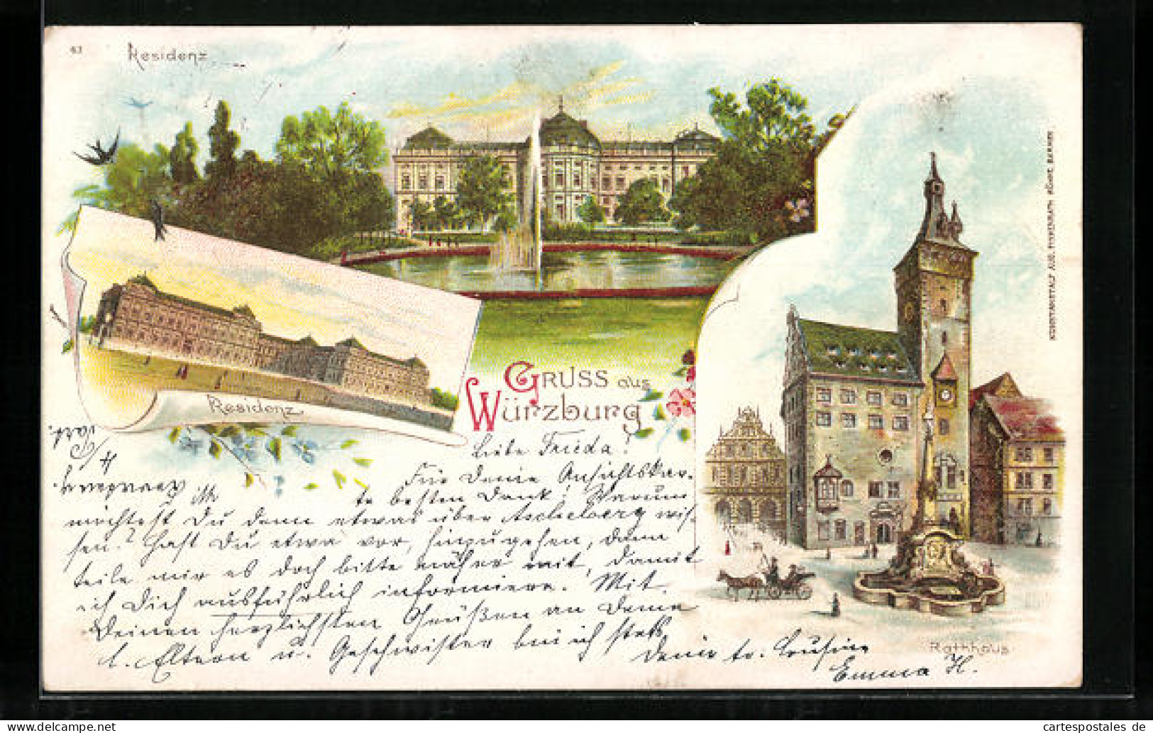 Lithographie Würzburg, Residenz Und Rathaus  - Würzburg