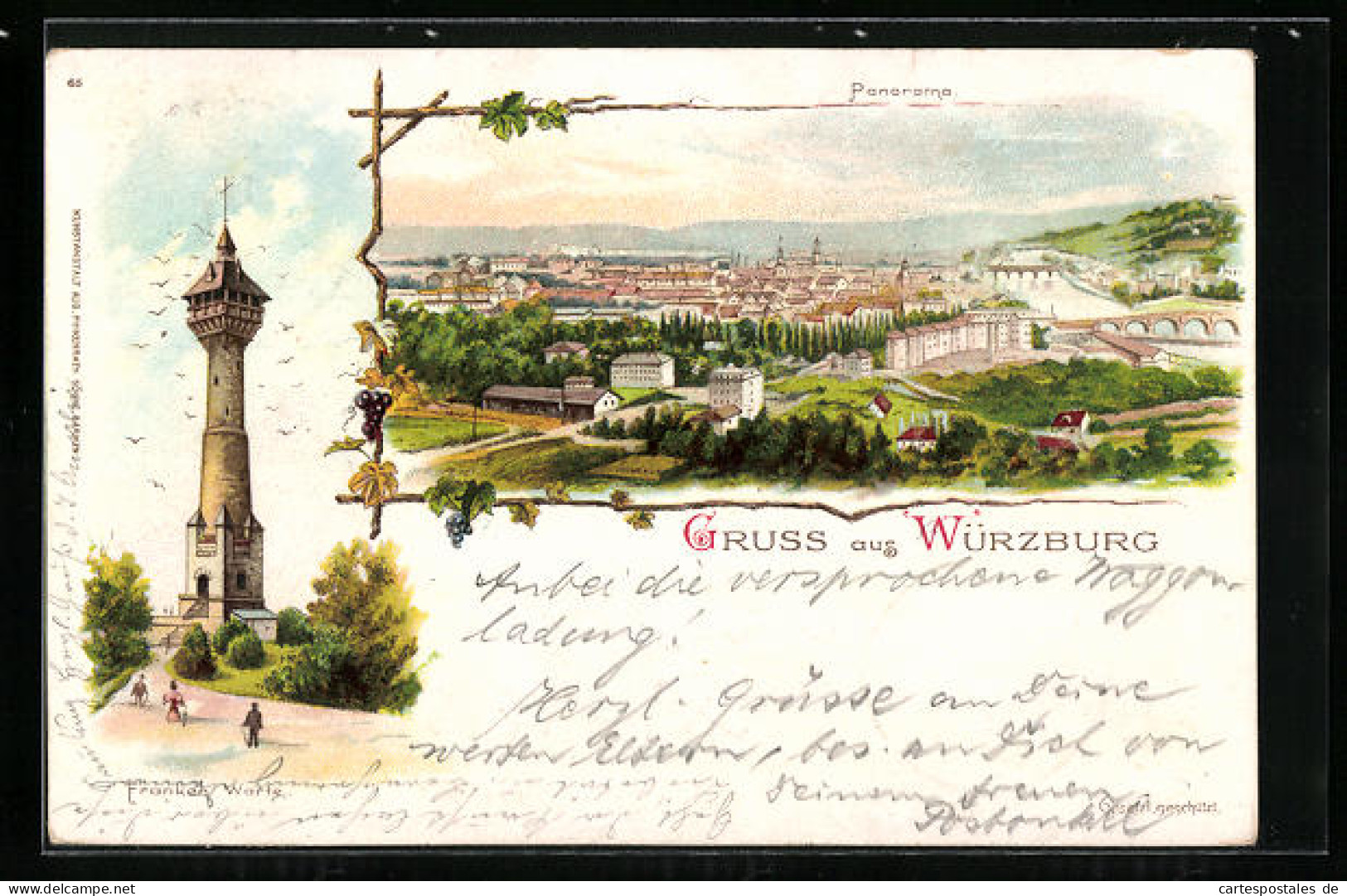 Lithographie Würzburg, Panorama Der Stadt, Franken-Warte  - Würzburg