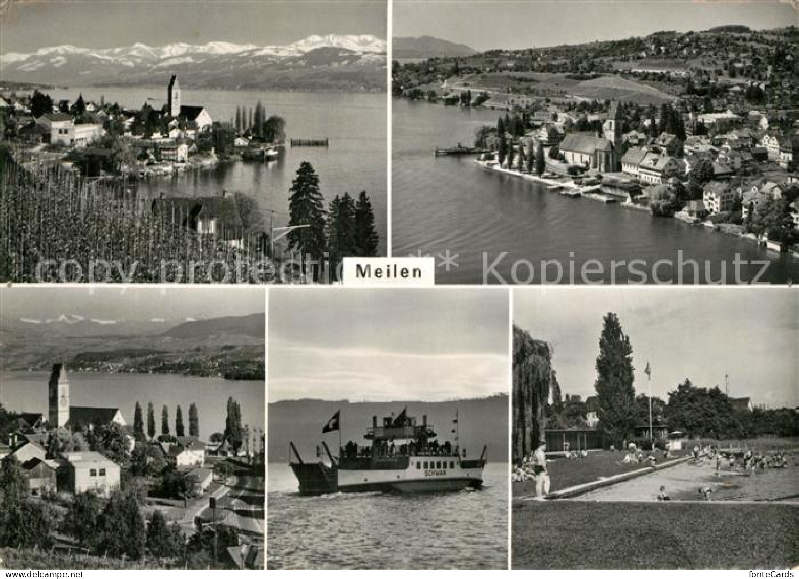 13522427 Meilen Panorama Motiv Mit Kirche Freibad Faehre Zuerichsee Alpen Meilen - Altri & Non Classificati