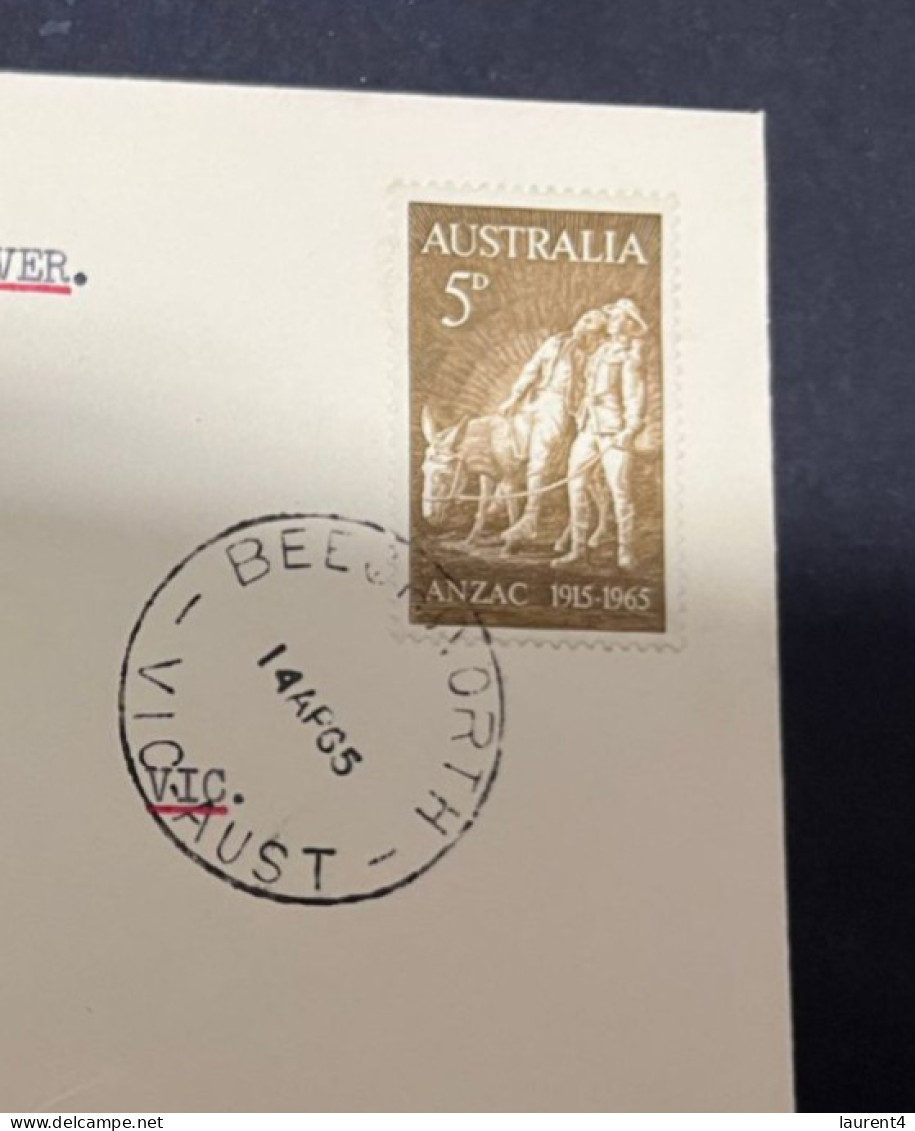 14-5-2024 (5 Z 9) Australia FDC - 1965 - ANZAC 5d Stamp (Murray Breweries Pty Ltd Cover In Beechworth VIC) - Omslagen Van Eerste Dagen (FDC)