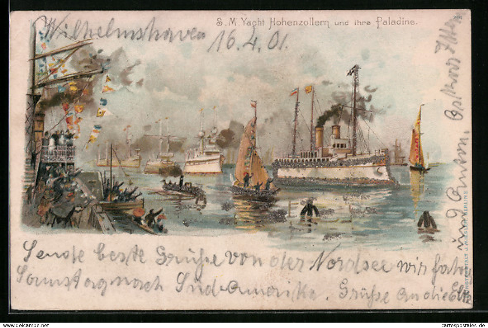 Lithographie S. M. Yacht Hohenzollern Und Ihre Paladine  - Guerra