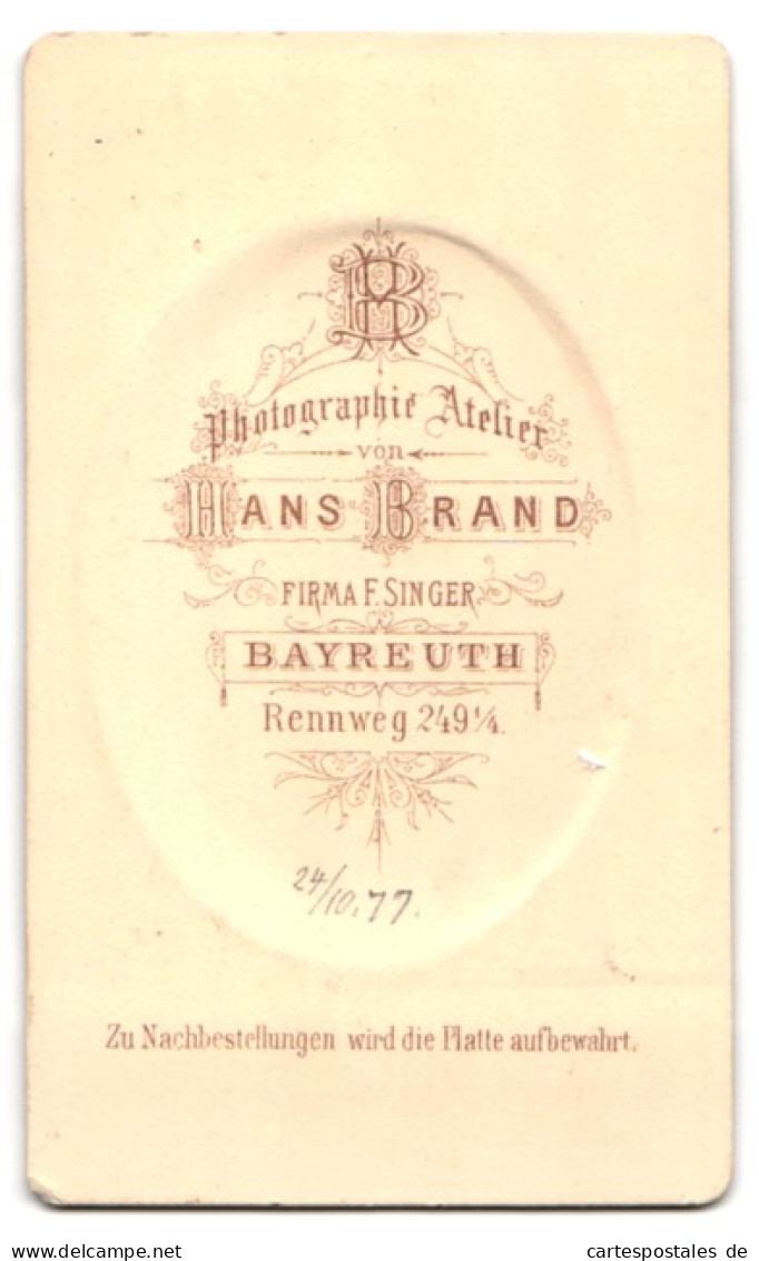 Fotografie Hans Brand, Bayreuth, Rennweg 249, Student Joseph Rottler, Mit Couleur Im Anzug, 1877  - Anonieme Personen