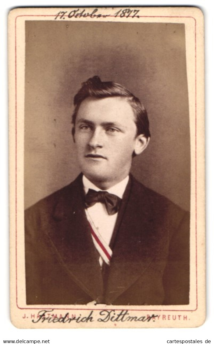 Fotografie Hans Brand, Bayreuth, Rennweg 249, Student Friedrich Dittmar, Mit Couleur, 1877  - Anonymous Persons