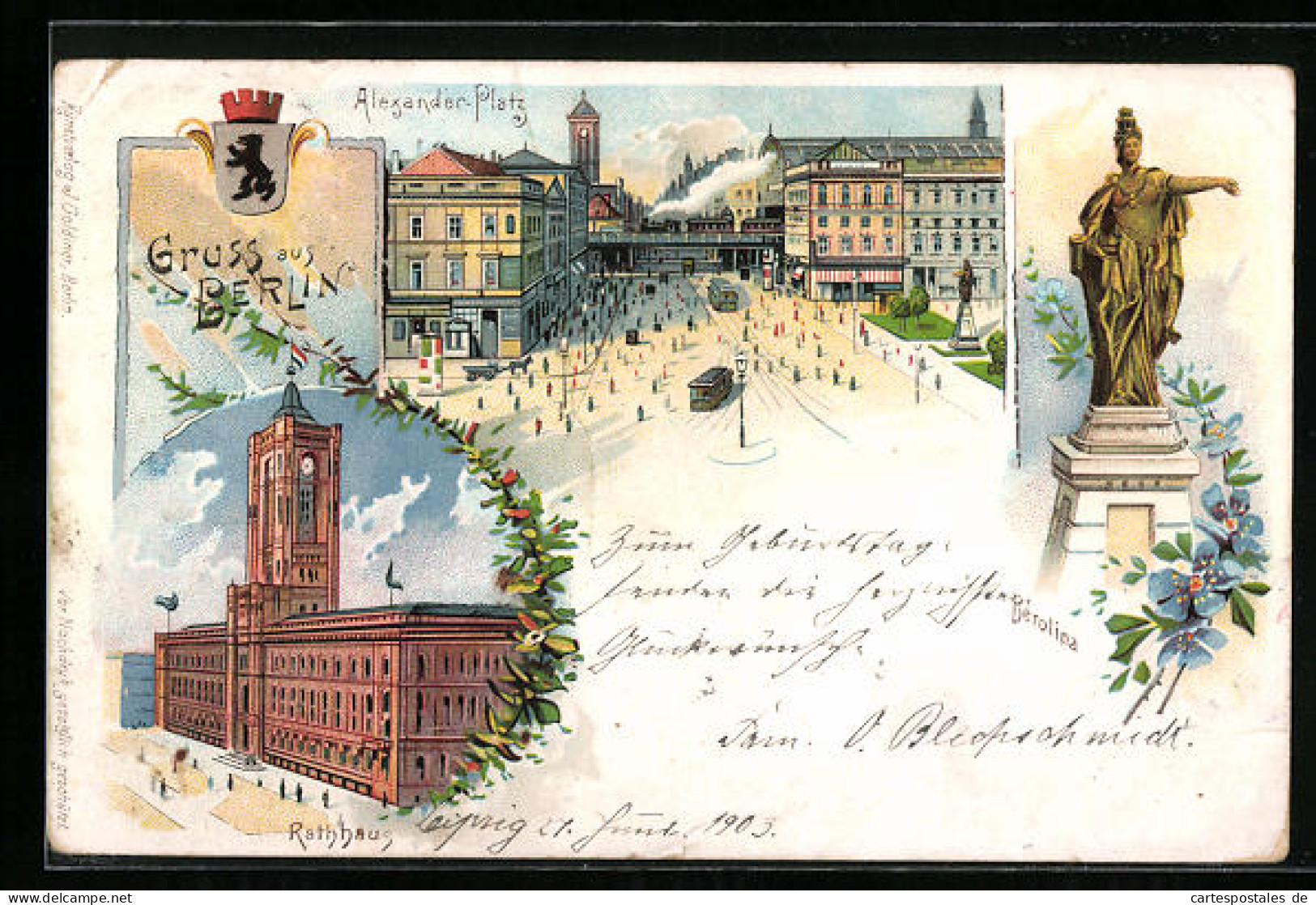 Lithographie Berlin, Alexander-Platz, Berolina, Rotes Rathaus  - Mitte