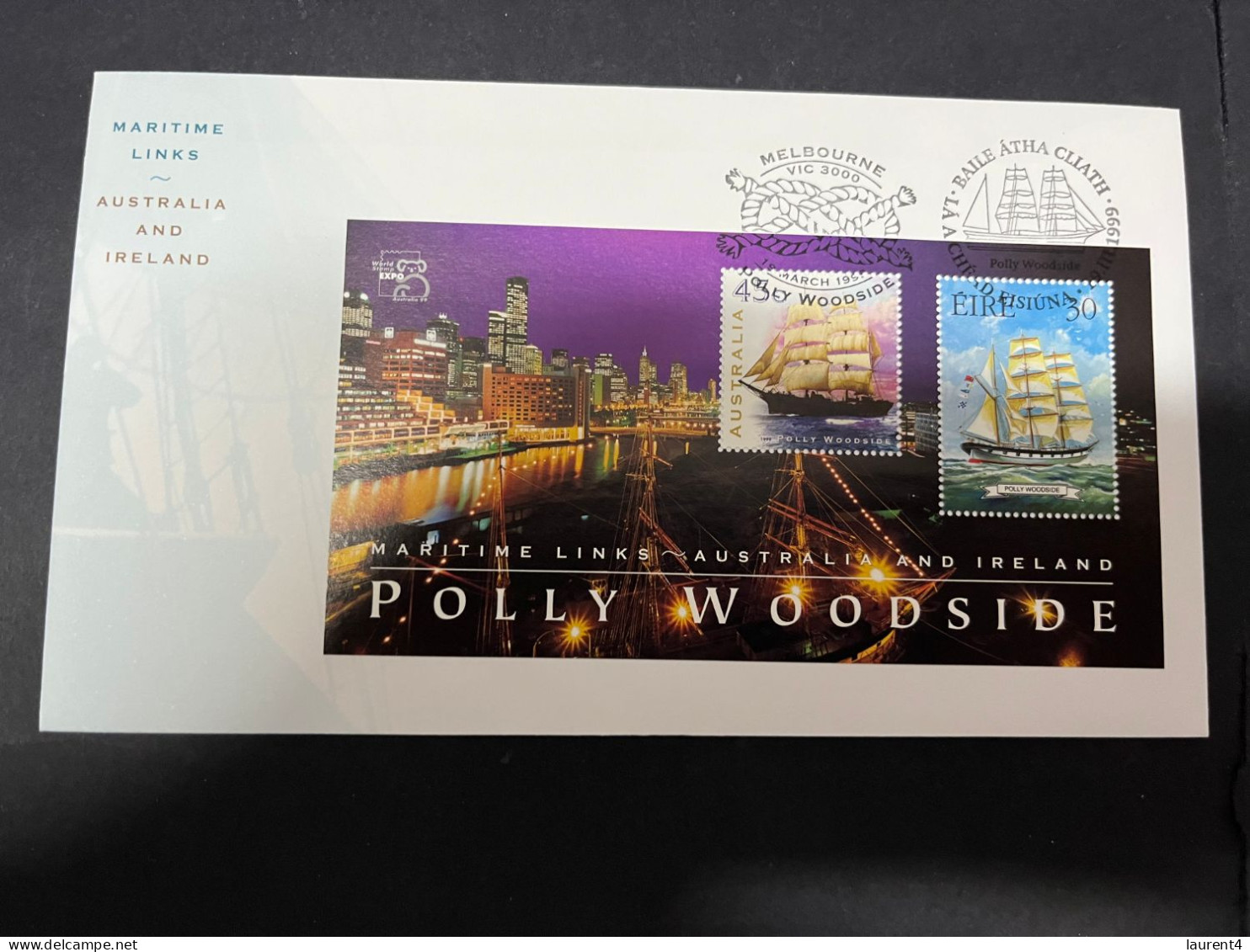 14-5-2024 (5 Z 9) Australia FDC - 1999 - (1 Cover) - Melbourne Stamp Show - Ireland / Australia Joint Issue (Polly Ship) - Omslagen Van Eerste Dagen (FDC)