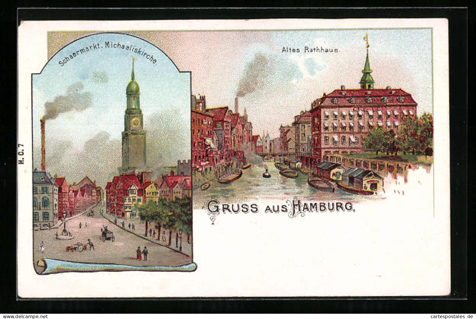 Lithographie Hamburg-Neustadt, Schaarmarkt Mit Michaeliskirche, Altes Rathaus Mit Kanal  - Mitte