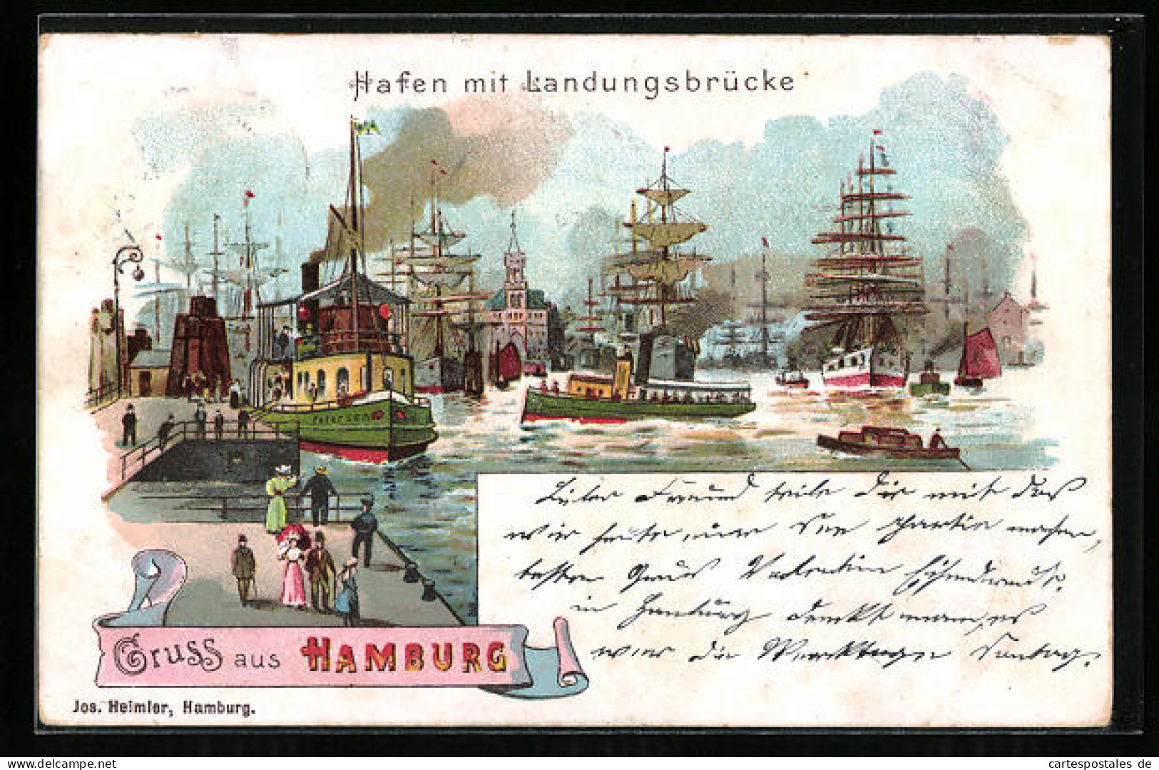 Lithographie Hamburg-Harburg, Hafen Mit Landungsbrücke  - Sonstige & Ohne Zuordnung