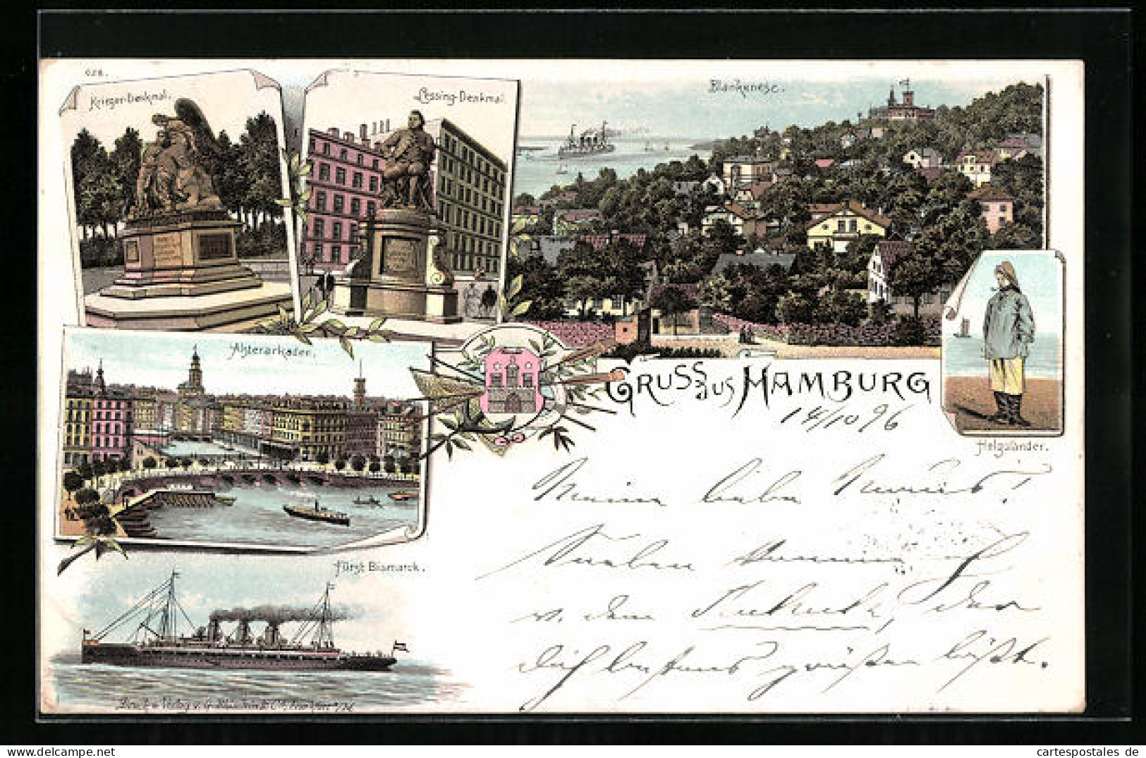 Lithographie Hamburg, Blankenese, Alsterarkaden, Schiff Fürst Bismarck  - Blankenese