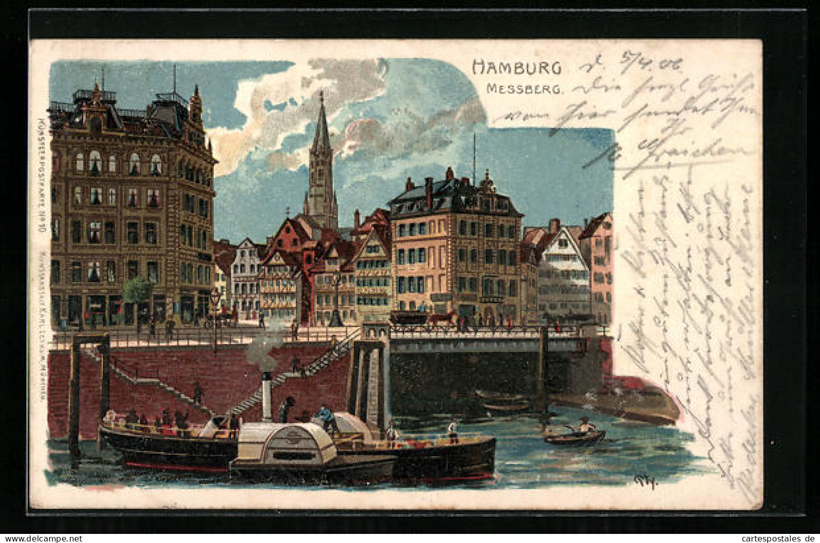Lithographie Hamburg, Messberg Mit Brücke Und Dampfer  - Mitte