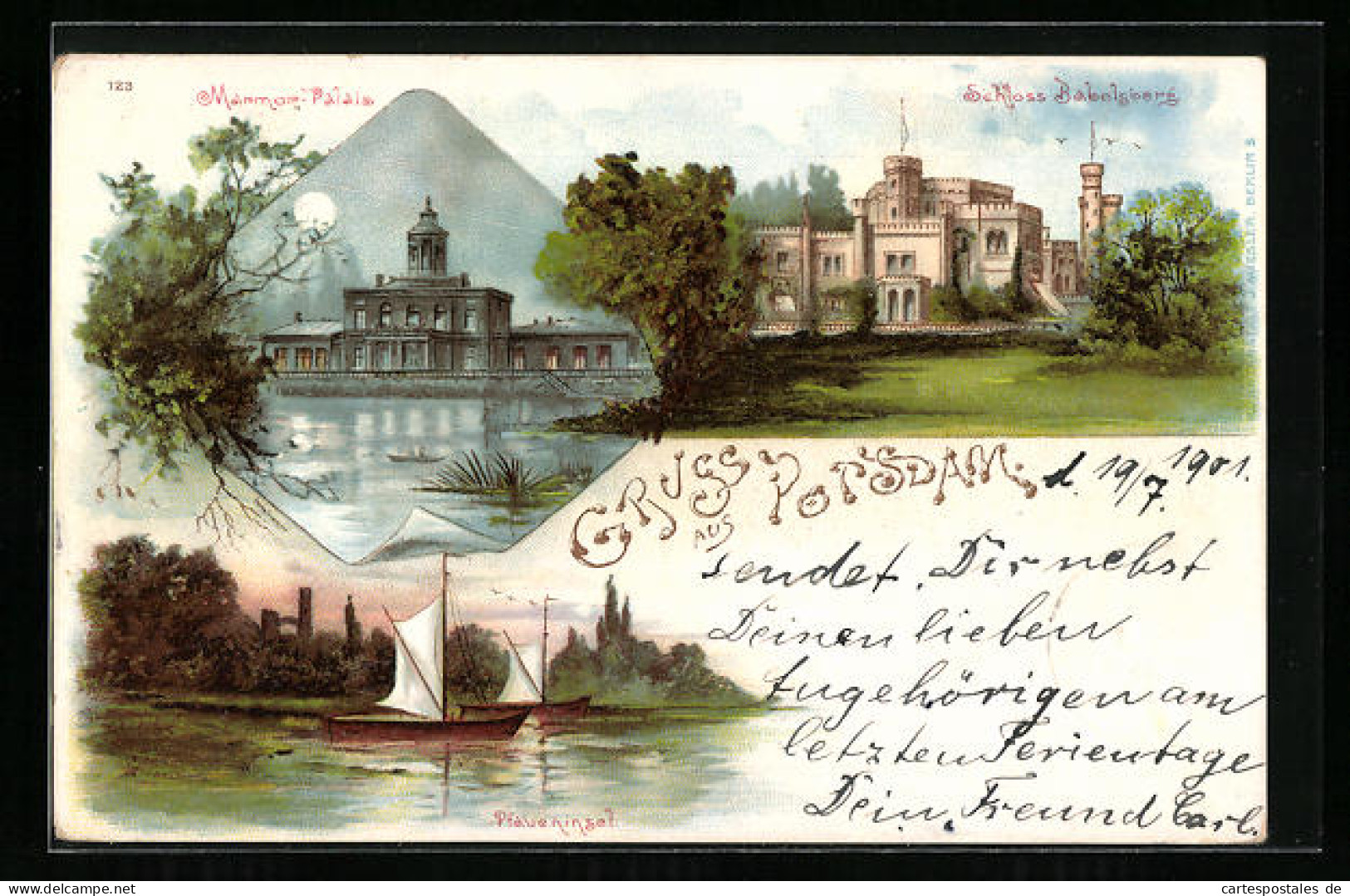 Lithographie Potsdam, Schloss Babelsberg, Pfaueninsel, Marmor Palais  - Potsdam