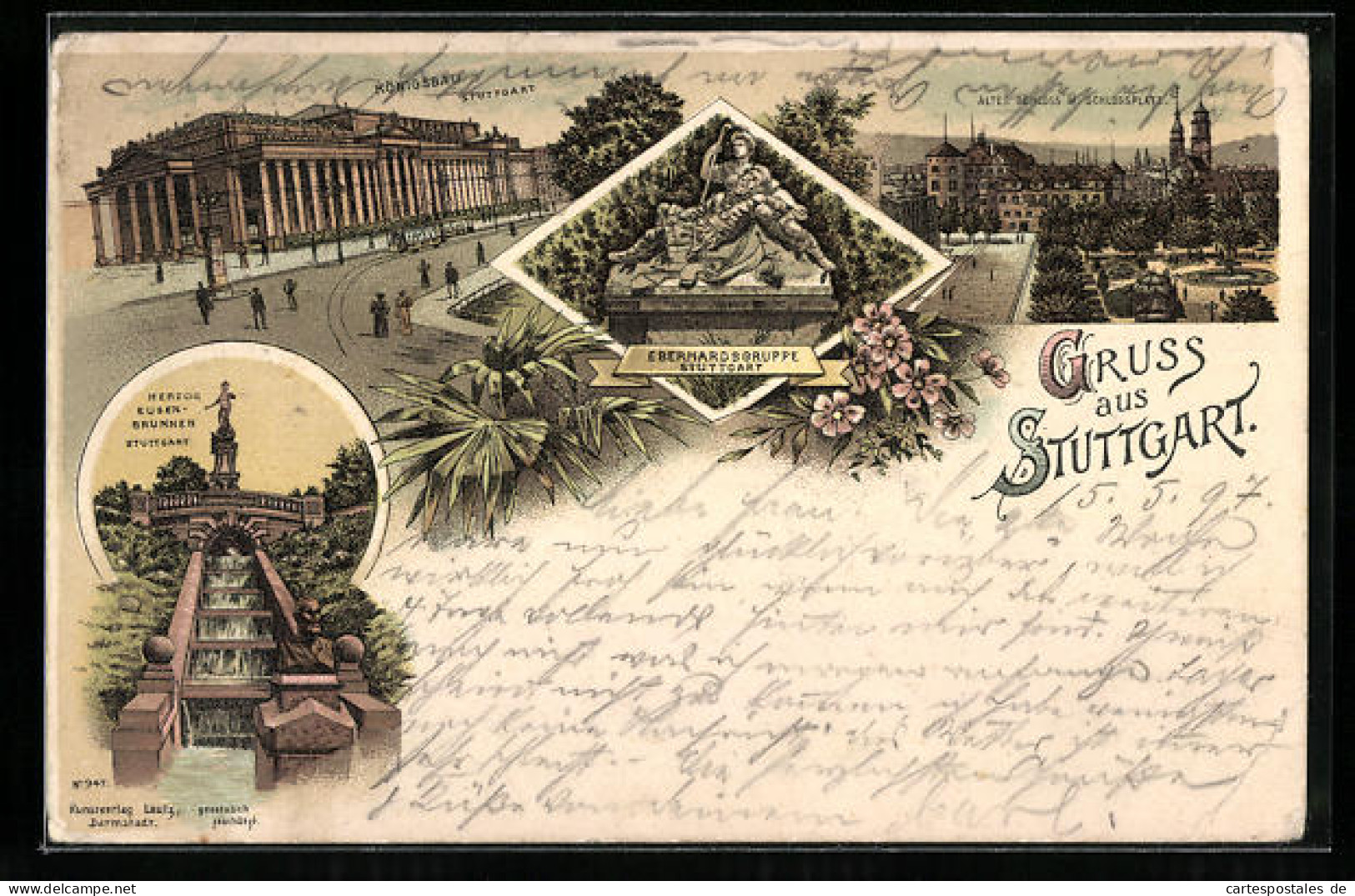 Lithographie Stuttgart, Königsbau, Altes Schloss Am Schlossplatz, Eberhardsgruppe  - Stuttgart