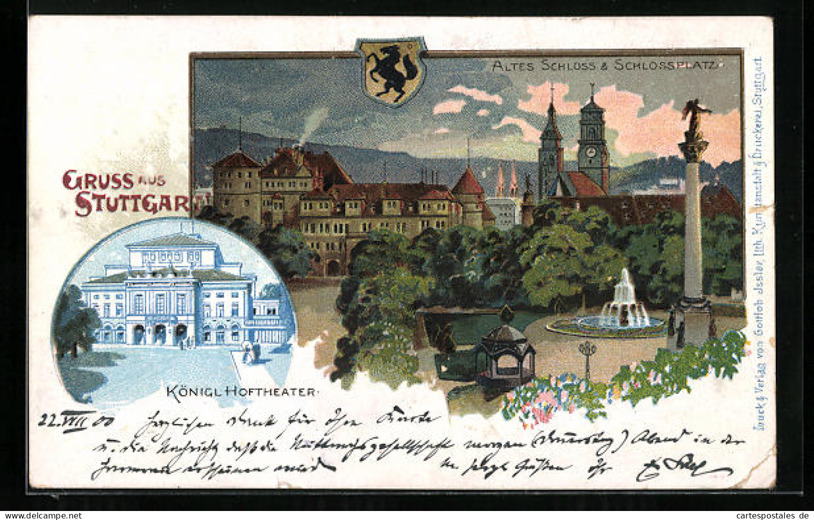 Lithographie Stuttgart, Altes Schloss Und Schlossplatz, Hoftheater, Wappen  - Teatro