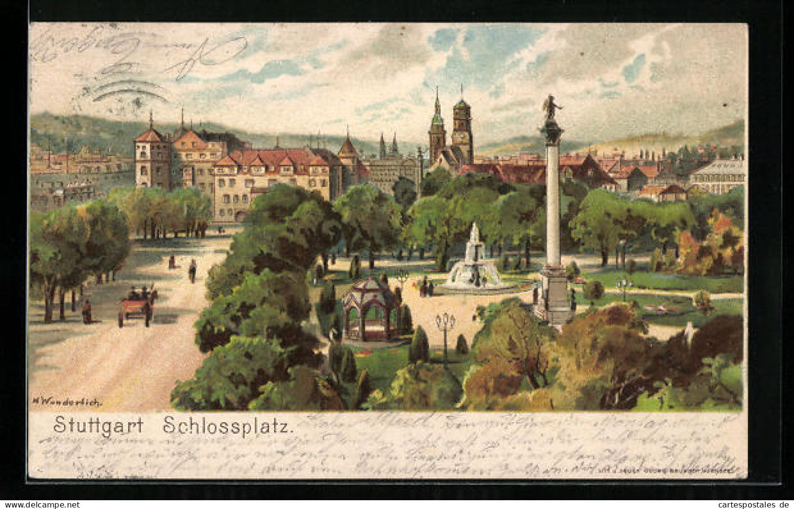 Lithographie Stuttgart, Ortspartie Mit Schlossplatz  - Stuttgart