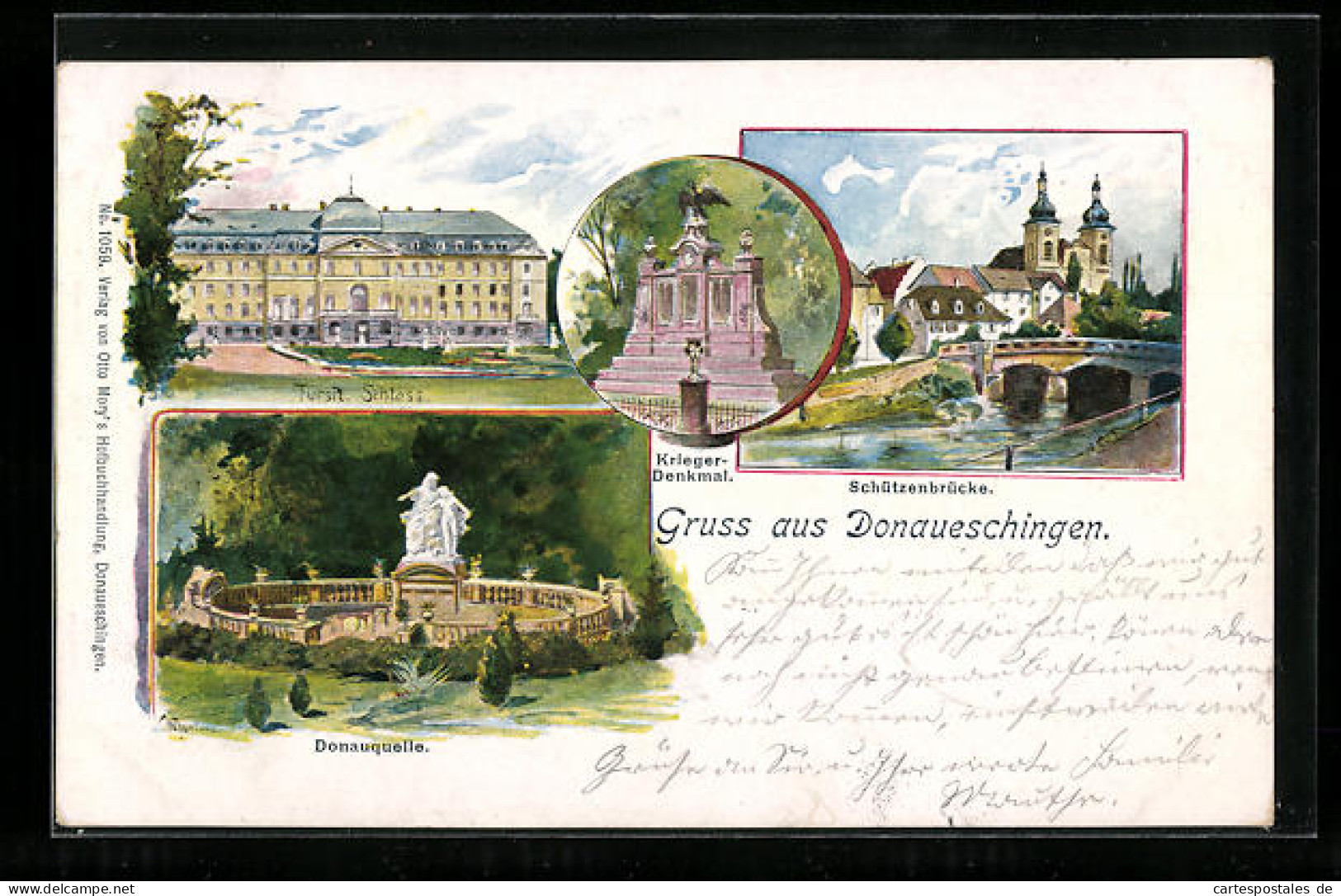 Lithographie Donaueschingen, Fürstl. Schloss, Kriegerdenkmal, Schützenbrücke  - Donaueschingen