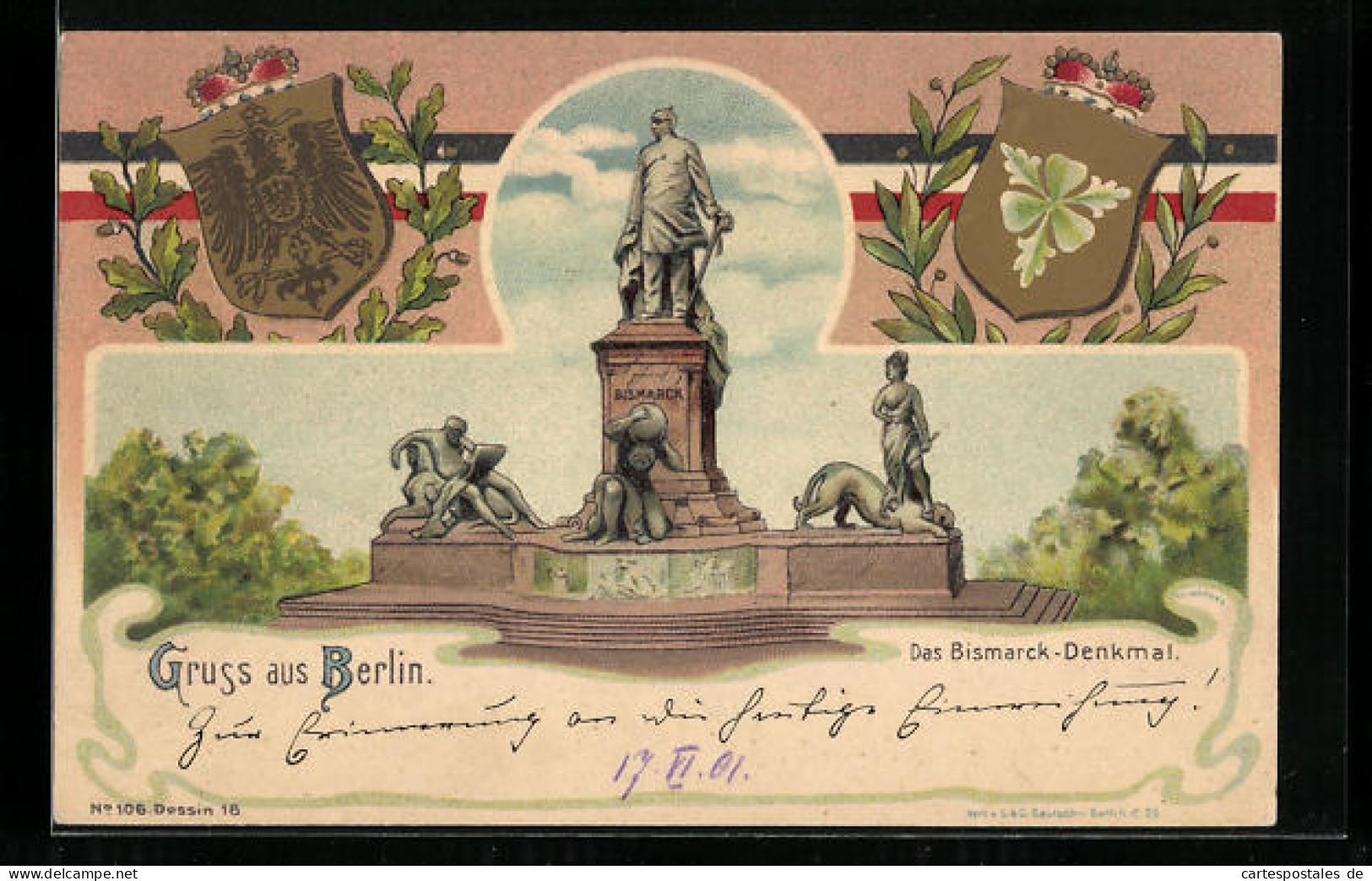 Lithographie Berlin, Bismarck-Denkmal, Wappen  - Tiergarten