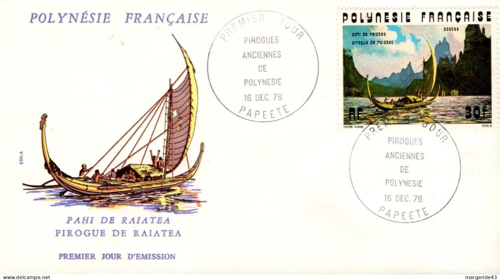 POLYNESIE FDC 1976 PIROGUES DE RAIATEA - FDC