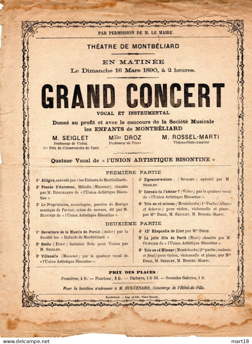 Programme 1890 - Théatre De MONTBELIARD - Grand Concert - Doubs 25 - - Pas Carte Postale - - Montbéliard