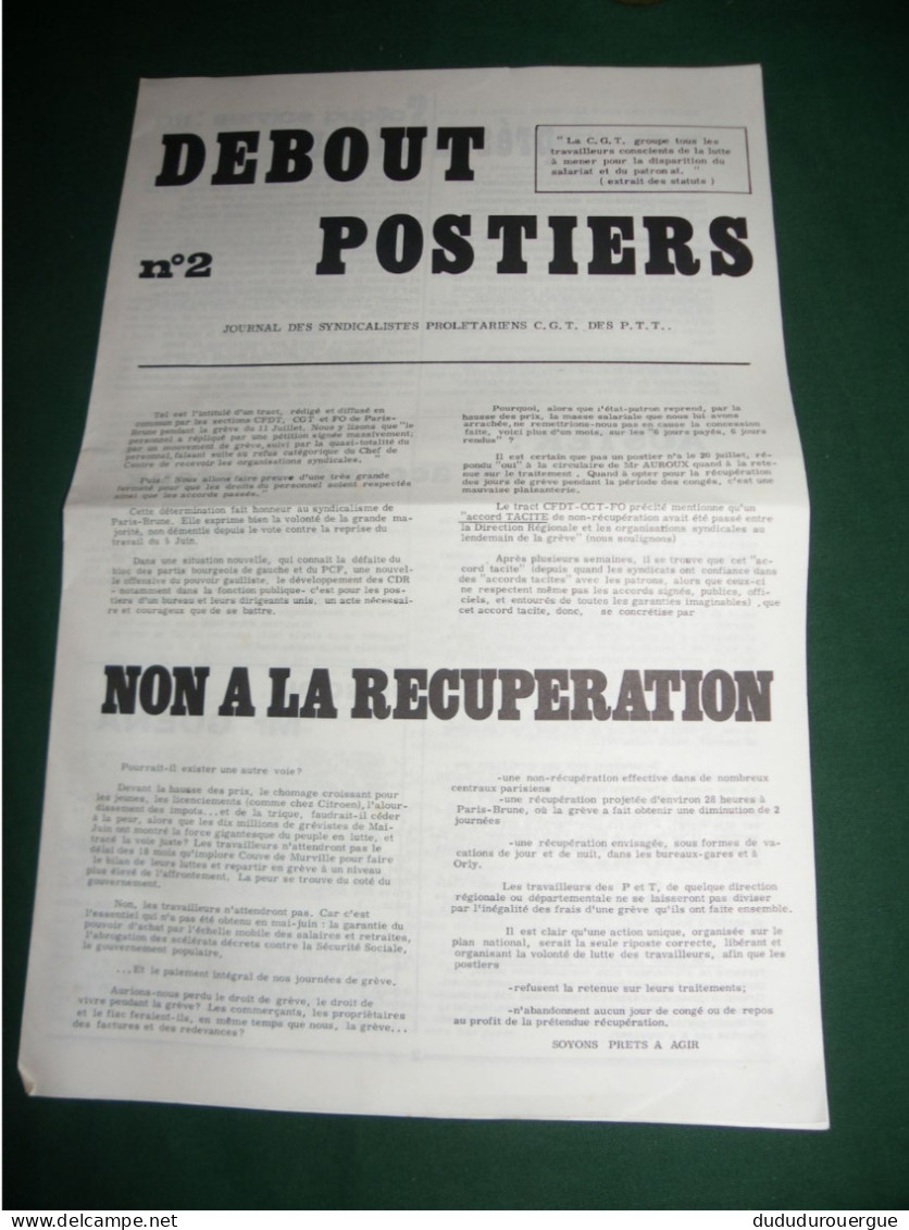 PROPAGANDE 1968 : DEBOUT POSTIERS , JOURNAL DES SYNDICALISTES PROLETAIRIENS  CGT DES PTT : LE N ° 2 - Politik