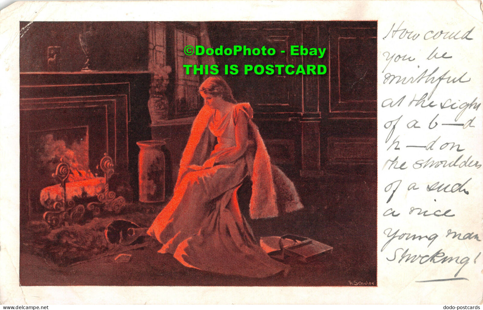 R354631 A Young Woman In A Long Dress Sits By The Fireplace And Reads. S. Hildes - World