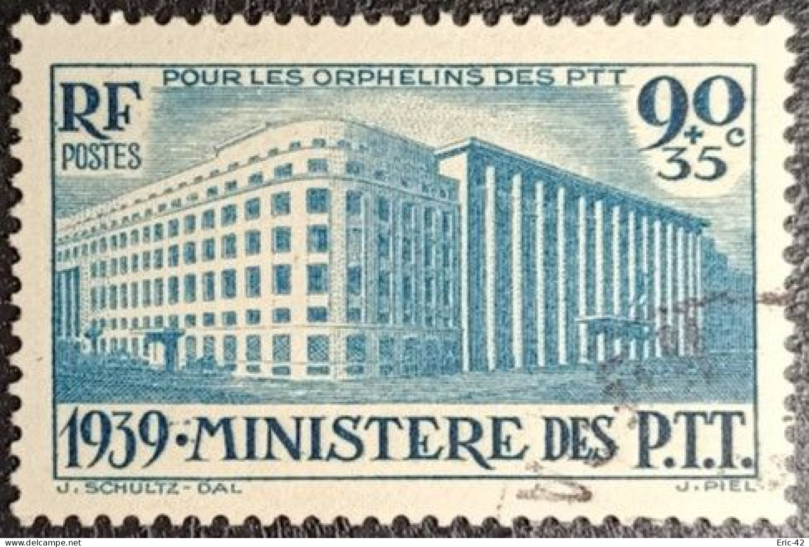 Poste France Yv N°424 P.T.T. 90c.+35c Bleu-vert. Cachet Discret. Très Bon Centrage... - Gebruikt