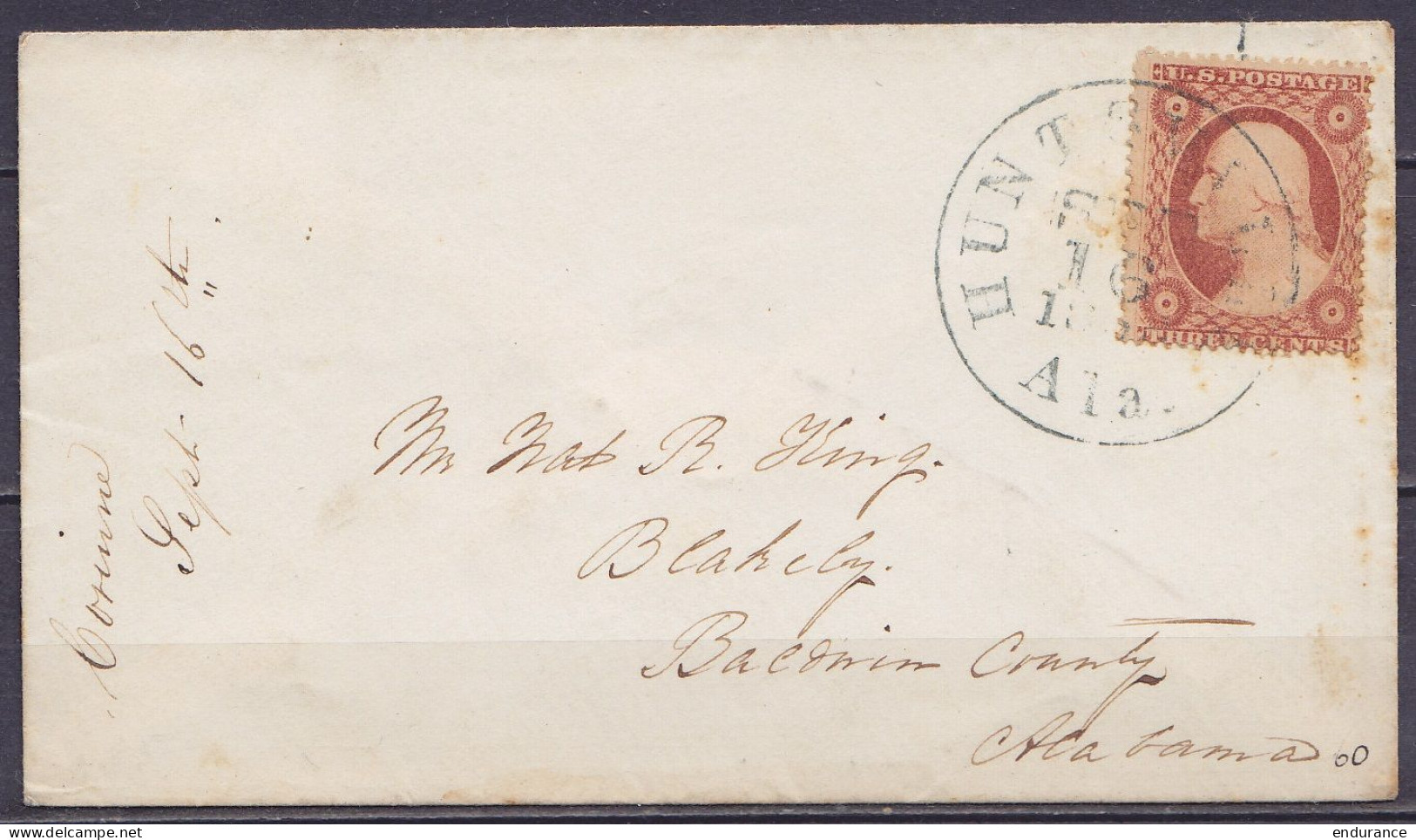 Etats-Unis USA - Env. Affr. 3c Benjamin Franklin Càd "HUNSTVILLE /SEPT 16 186?/ Ala." Pour BLAKELY Alabama - Storia Postale