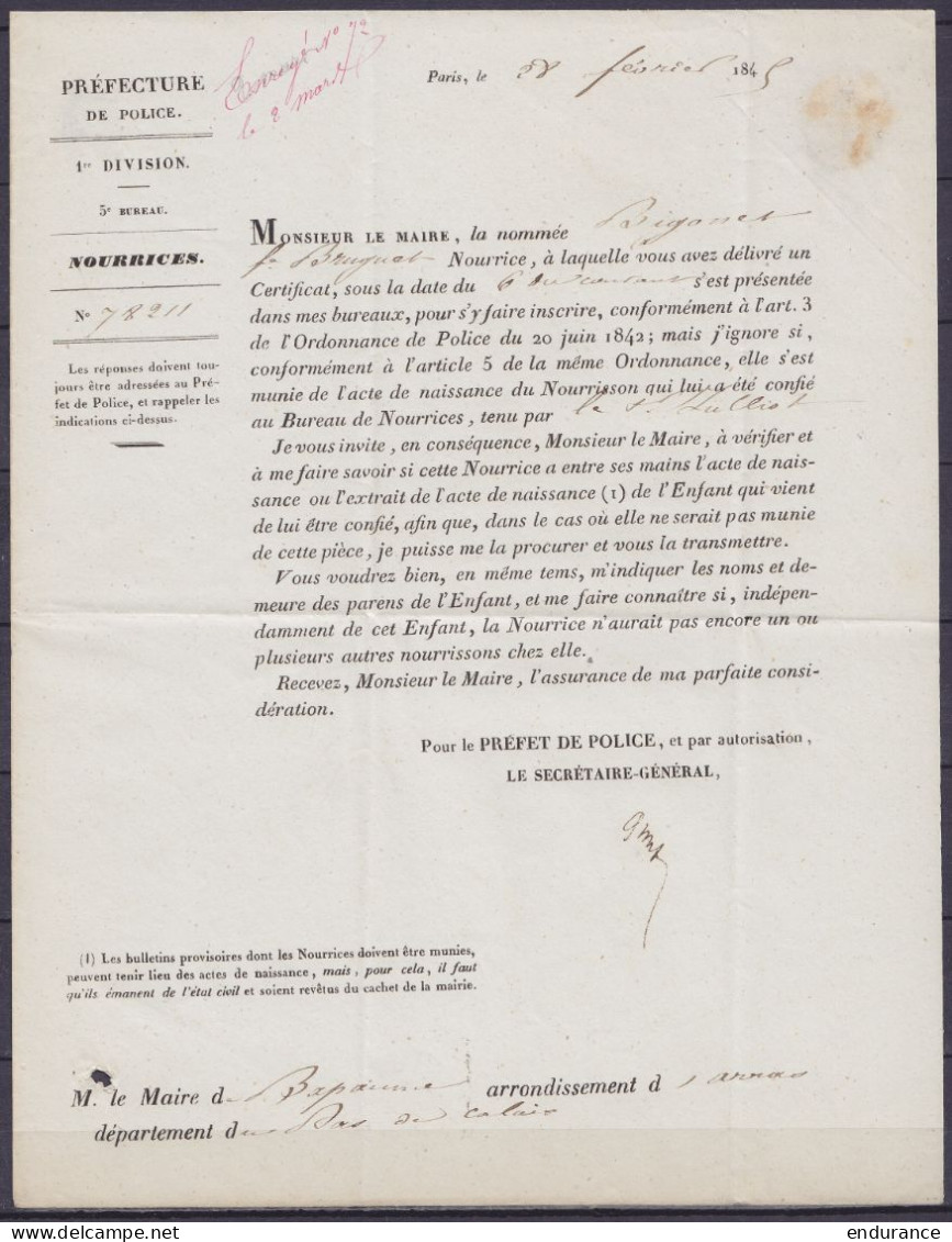 L. Imprimée Datée 28 Février 1848 De La Préfetcure De Police Càd "PARIS 1 /23 FEVR. 1845/ FRANCHISES" Pour BAPAUME (au D - 1801-1848: Precursors XIX