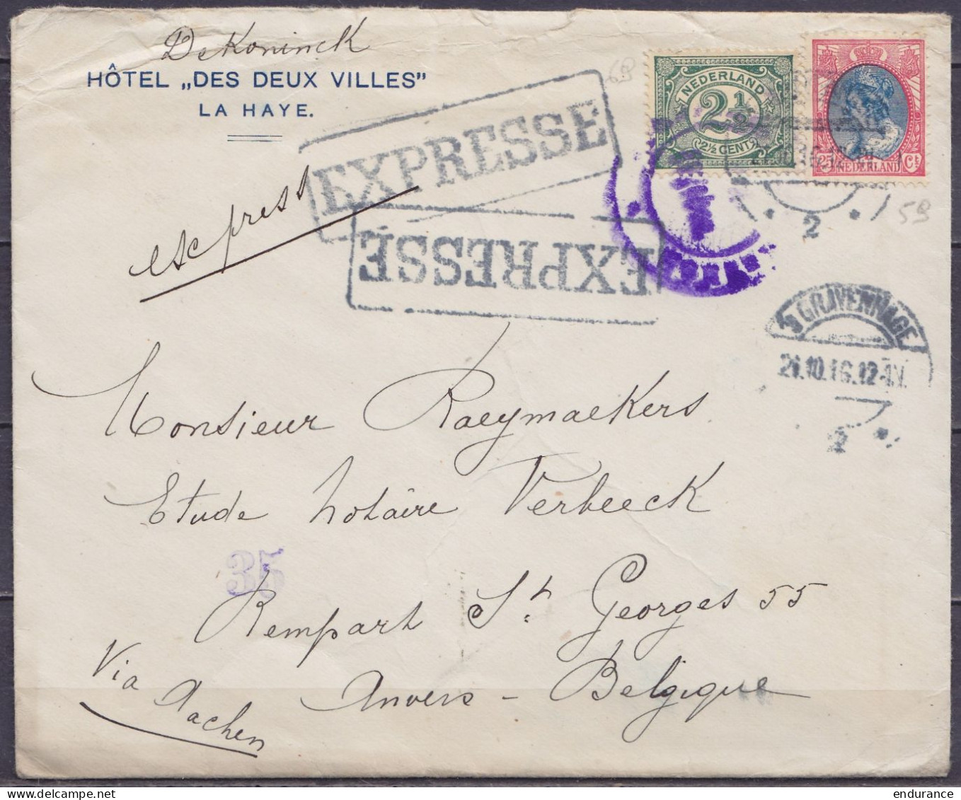 Pays-Bas - Env. "Hôtel Des Deux Villes" En Exprès Affr. 25c+2½c Càpt 's GRAVENHAGE /21.10.1916 Pour ANVERS Via Aachen -  - Briefe U. Dokumente