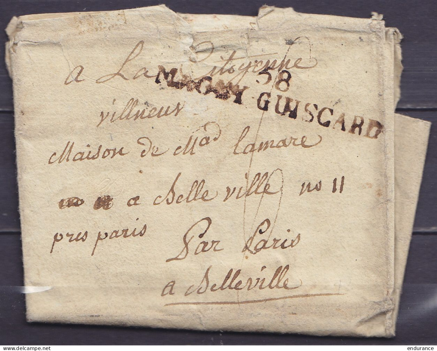 L. Datée 11 Août ? De GUISCARD Pour BELLEVILLE Par Paris - Griffe "58/ M…-GUISCARD" - Port "6" - 1701-1800: Précurseurs XVIII