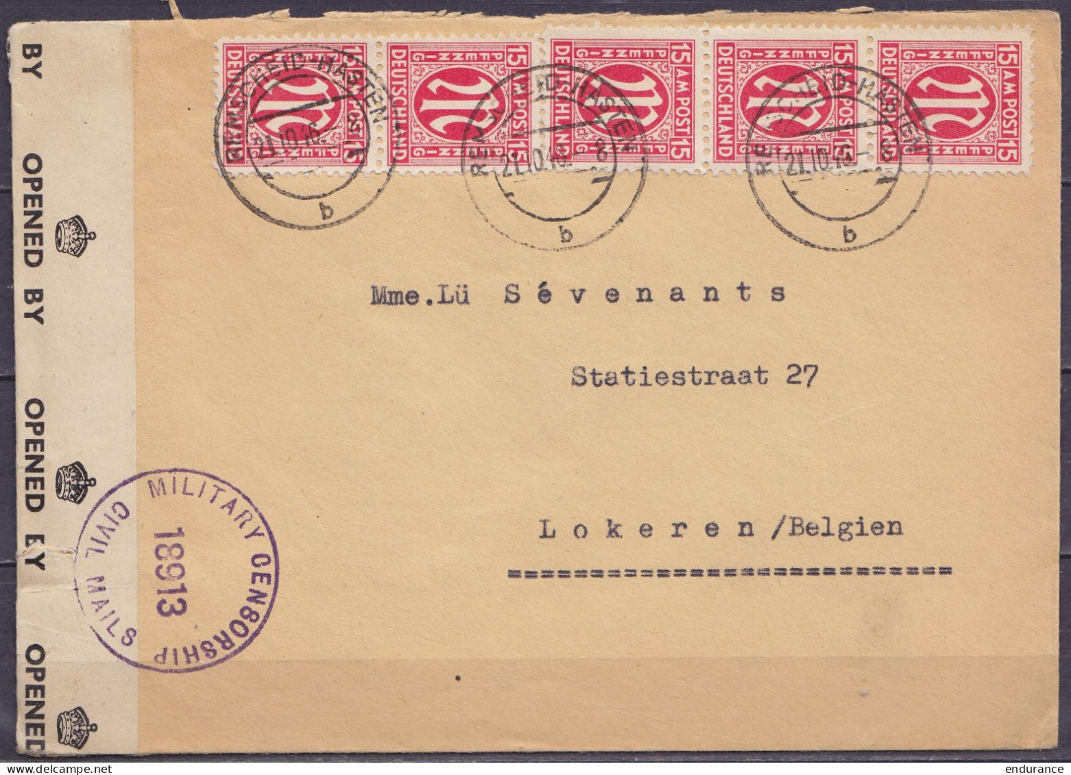 Allemagne - Occupation Zone Britannique - Env. Affr. Bande 5x 15pf Càpt REMSCHEID-HASTEN /21.10.1946 Pour LOKEREN Belgiq - Covers & Documents