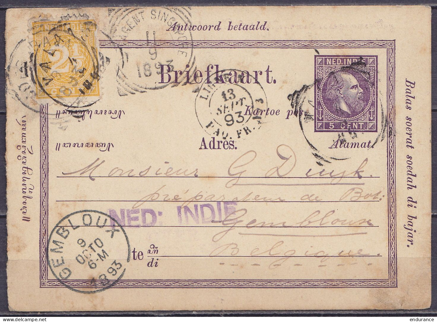 Indes Néerlandaises - EP CP 5c Violet + 2½c Càd MALANG /4/9/1893 Pour GEMBLOUX - Càd SINGAPORE & Paquebot FR + Arrivée C - Other & Unclassified