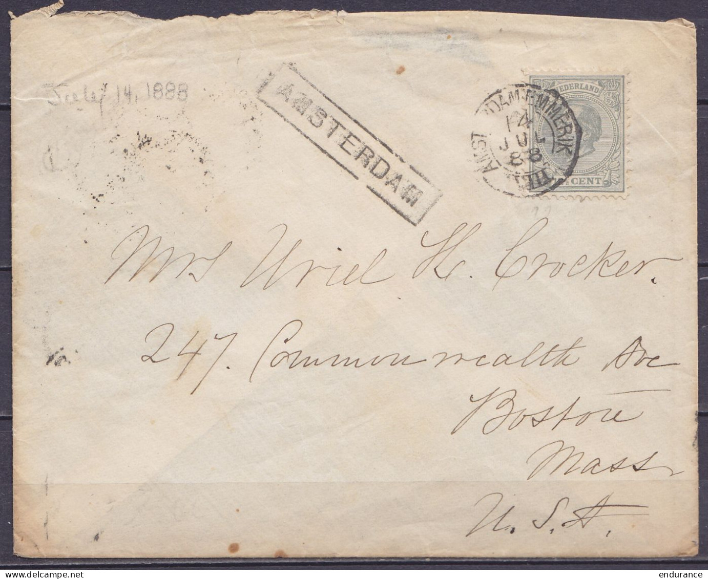 Pays-Bas - Env. Affr. 12½c Càd AMSTERDAM-EMMERIK /14 JUIL 1888 Pour BOSTON Massachusett USA - Griffe [AMSTERDAM] (au Dos - Covers & Documents