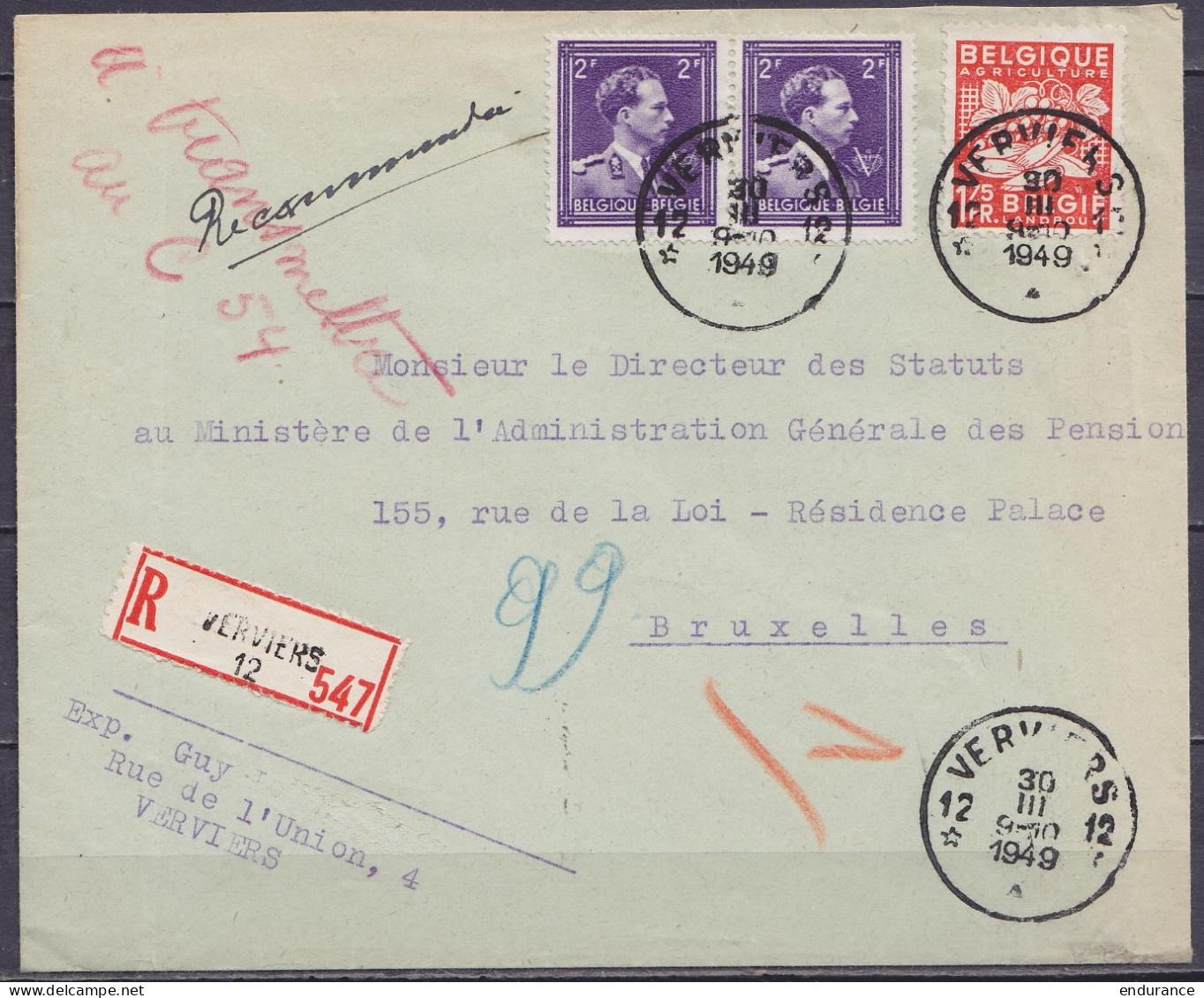 Env. Recommandée Affr. 2x N°693 + N°736 Càd Agence *VERVIERS 12* /30 III 1949 Pour BRUXELLES - Covers & Documents