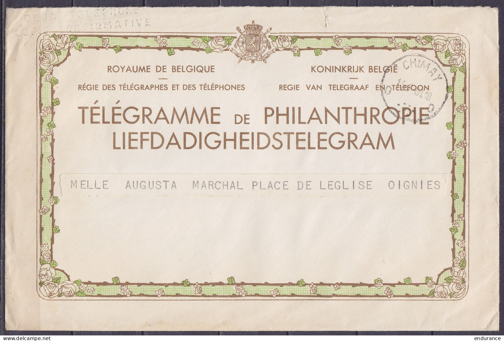 Télégramme De Philanthropie De BRUXELLES Pour OIGNIES - Càd Arrivée CHIMAY /14-7-1960 - Telegrammi