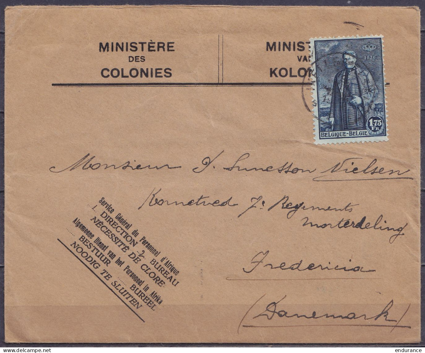 Env. "Ministère Des Colonies" Affr. N°304 Càd IXELLES-ELSENE /9 ? 1930 Pour FREDERICIA Danemark - Storia Postale