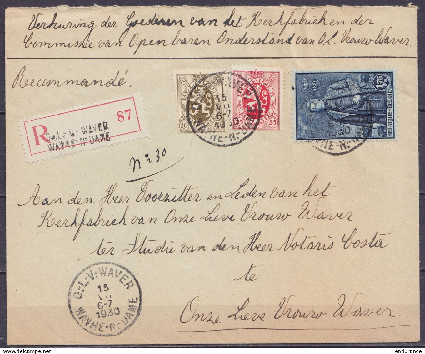 Env. Recommandée Affr. N°280(abimé)+282+304 Càd "O.-L.-V.-WAVER /15 VII 1930/ WAVRE-N.-DAME" Pour E/V - Storia Postale