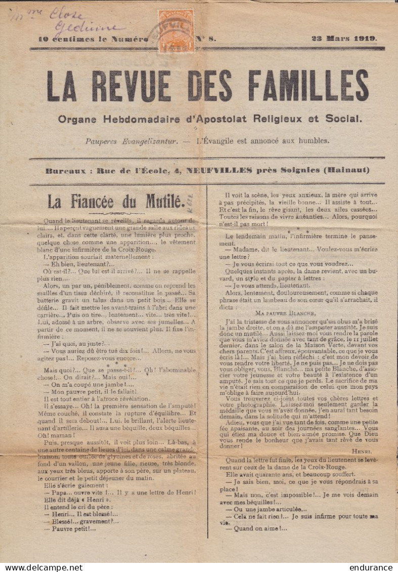 Journal "La Revue Des Familles - Neufvilles Soignies) Daté 23 Mars 1919 Affr. N°135 Obl. Fortune NEUFVILLES /1919 Pour G - 1922-1927 Houyoux