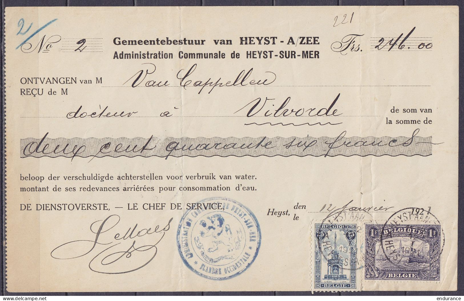 Reçu "Administration Communale De Heys-sur-Mer" Affr. N°145+164 Càd "HEYST-AAN-ZEE / 12 I 1921/ HEYST-SUR-MER" Pour Méde - Brieven En Documenten