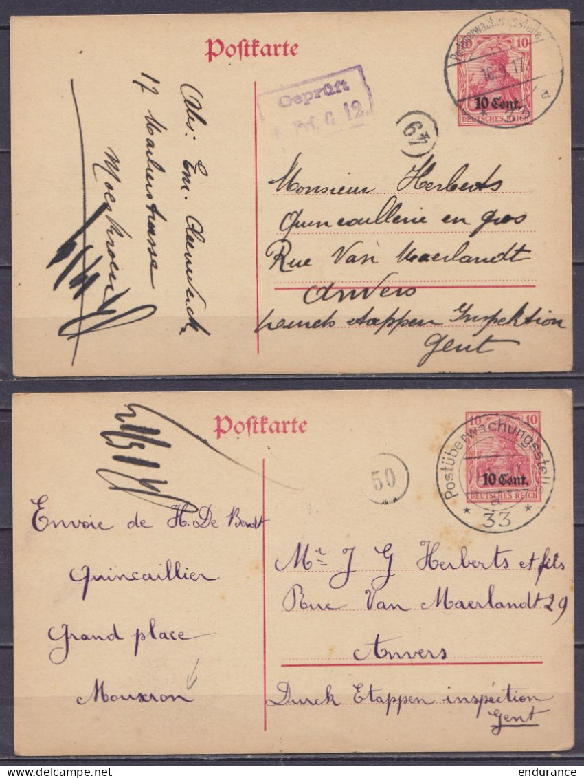 Lot 2 EP CP Postkarte 10c Carmin (tpe OC29) De Mouscron Via "Etappen Inspection Gent" Càpt "Postüberwachungstelle /1917" - Occupation Allemande