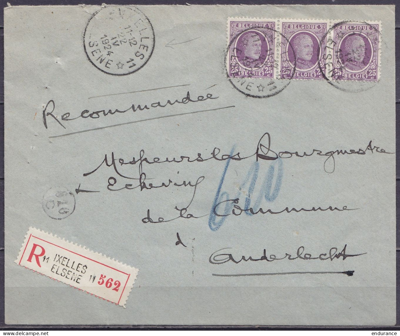 Env. Recommandée Affr. Bande 3x N°195 Càd Agence *IXELLES 11* /22 IV 1924/ *ELSENE 11* Pour ANDERLECHT - 1922-1927 Houyoux