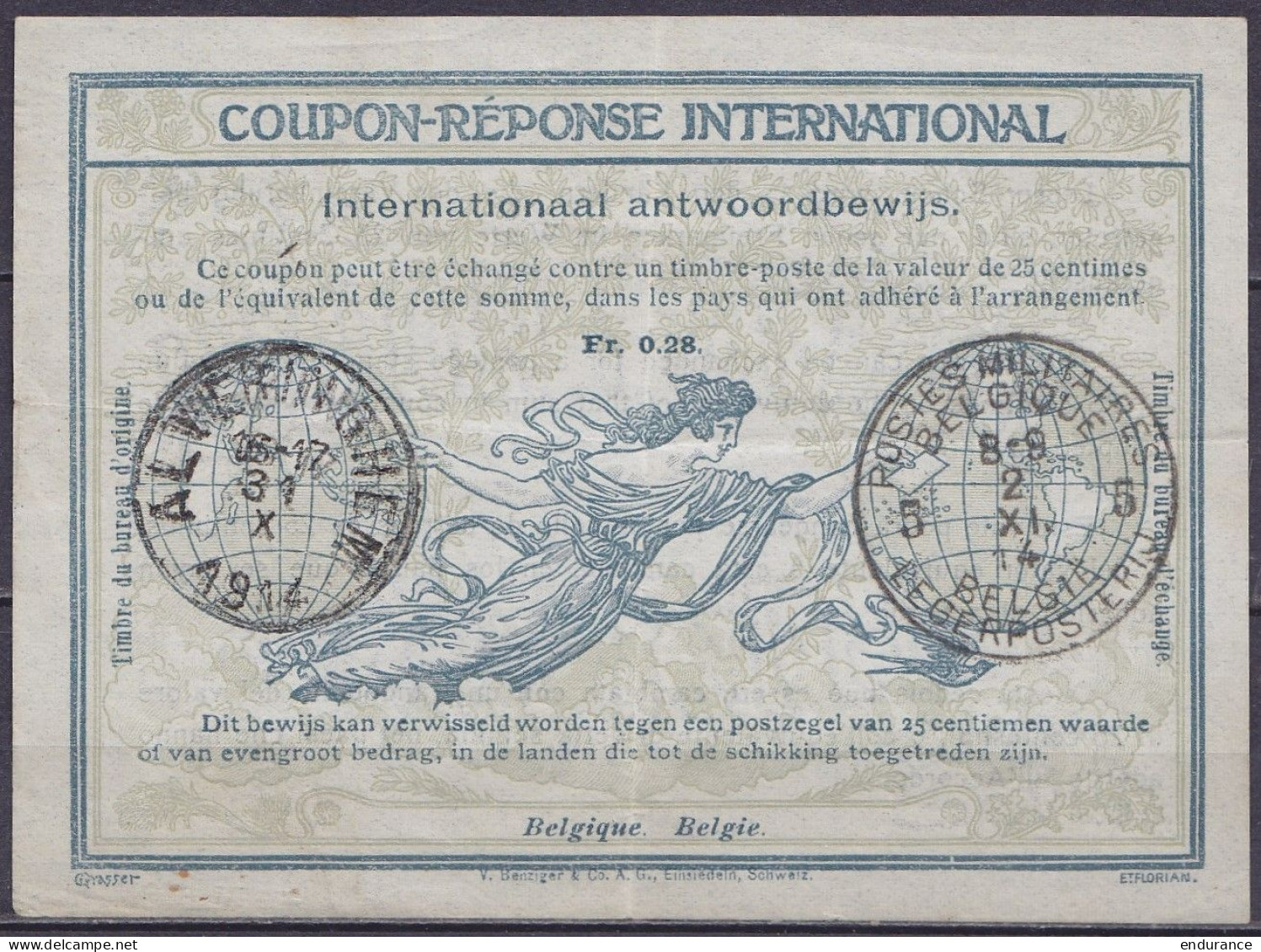 Coupon-réponse International De ALVERINGHEM /31 X 1914 - Début De Guerre Et Territoire Non-envahi Pour Bureau Postal Mil - Niet-bezet Gebied